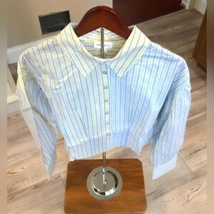 Dance & Marvel Striped Blouse Blue & Yellow With Cinched Back- Cropped